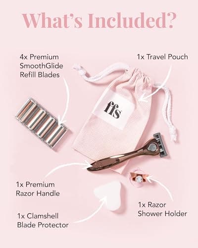FFS Beauty Starter Shaving Set for Women - Premium Metal Razor Handle, Shower Holder, Travel Pouch, 4 SmoothGlide 6-Blade Cartridges with Vitamin E Lubrication Strip (Rose Gold) — view 4