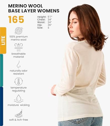 100% Merino Wool Base Layer Womens - Long Sleeve Thermal Shirts + Socks (Large, 165 Cream White) — view 2