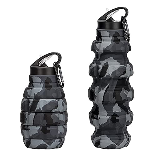 Collapsible Travel Water Bottle 19.6 oz, Reusable Silicone Collapsible Water Bottle for School, Office, Gym, Camping and Hiking, Portable Leak Proof Sports Bottle with Carabiner (Dark grey camouflage)