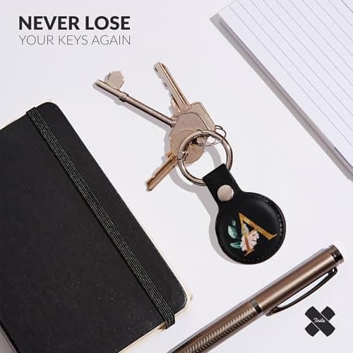 Tirita Personalised Case Keyring Holder Compatible with Apple AirTag 1 & 2 - Leather Case with Key Ring for Apple Air Tag [08- Gold Monogram Roses on Black] — view 2