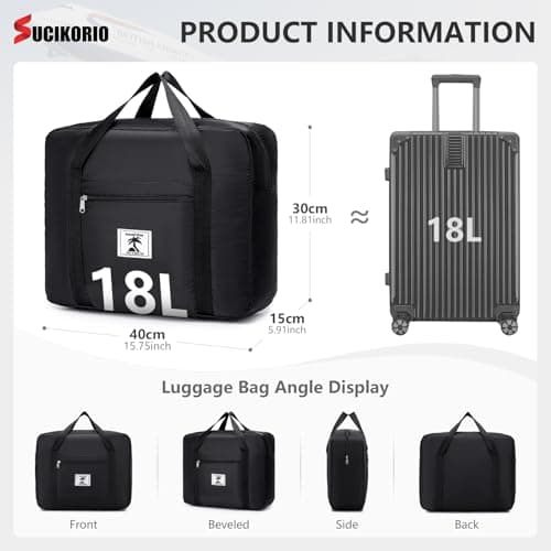 SUCIKORIO 40x30x15cm British Airways Jet2 Cabin Bags Underseat, 18L Waterproof Travel Duffle Bag Foldable Hand Luggage Bags Overnight Hospital Weekend Carry On Airport Bag for Planes, Men, Women — view 3