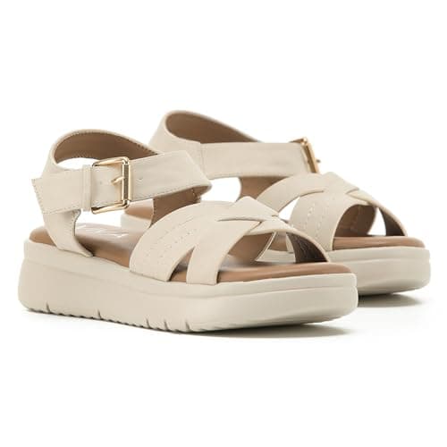 VIVASHOES Women's Lightweight Adjustable Buckle Sandals – Flatform Small wedge Sandal - Soft Comfort Memory Foam Innersoles - True to Size Good for Wide Fit - Comfortable Summer Shoes - Cream 7