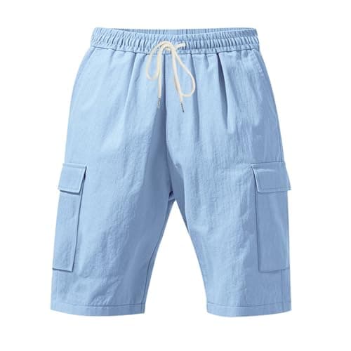 Men's Lightweight Linen Cargo Shorts with Multi-Pockets for Outdoor Hiking, Casual Loose Fit, Breathable Summer Shorts for Travel (Light Blue, S)