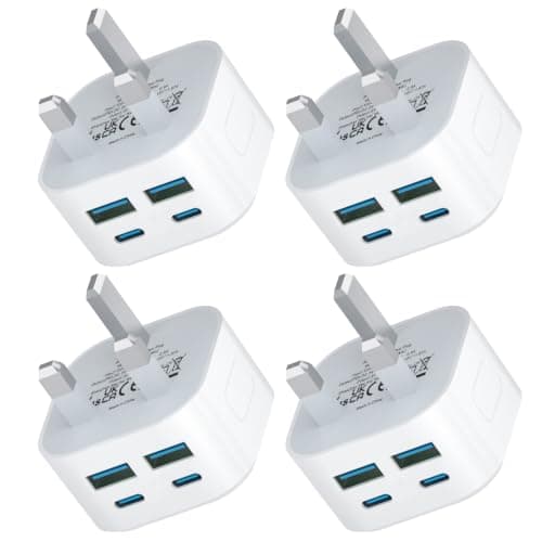 USB C Plug Fast Charges, 4Pack 40W 4-Port Multi USB Plug UK Dual Port PD Power Adapter +QC USBC Mains Wall Charger Head, Type C Fast Charging for iPhone 17/16/15/14/13/12 Pro Max Plus XS XR SE