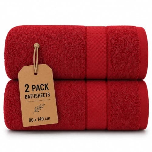 Casabella Pack of 2 Large Jumbo Bath Sheets 100% Egyptian Combed Cotton Big Beautiful Towels_Red_2pcs