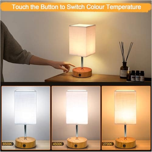 6000mAh Bedside Lamps, 10.8" Touch Control Rechargeable Table Lamp with Wood Grained Base & Fabric Lampshade, Dimmable Minimalist Wireless Battery Lamp for Living Room Bedroom Office Decor (1) — view 3
