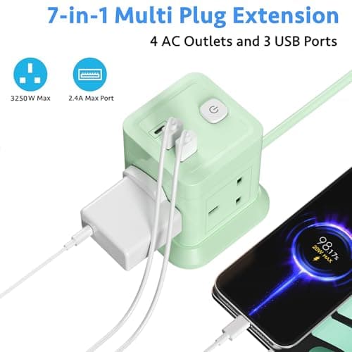 3M Extension Lead Cube With USB, BEVA 4 Way Power Strip With 3 USB Ports, Extension Socket With Switch Multi Plug Extension with 3 Metre Extension Cords For Home Office Travel-Green — view 2