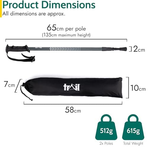 Trail Telescopic Walking Poles, 2 Pack, Adjustable 65–135cm, Black — view 6