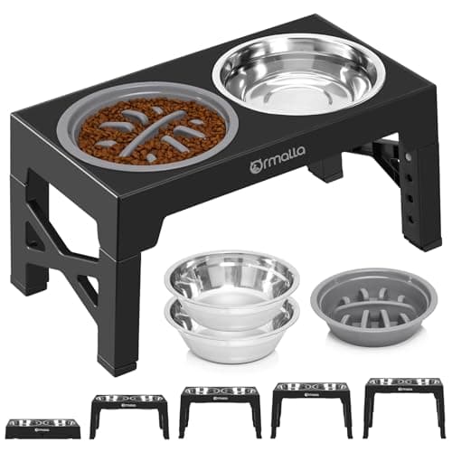 Ormalla Elevated Dog Bowls with Slow Feeder, 5 Heights Adjustable Raised Dog Bowls with 2 Stainless Dog Food Bowl Stand for Large Medium Small Dogs and Pets - Black
