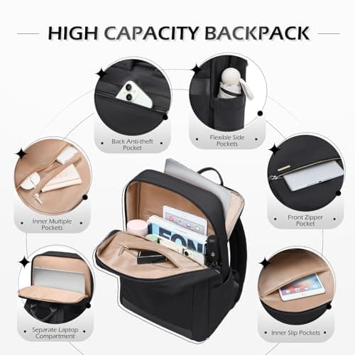 GOLF QUALITY 15.6 Inch Laptop Backpack for Women, Anti-Theft Water Resistant Commuter Backpack, Large Capacity Carry On Cabin Bag for College Work Travel UK (Black) — view 3