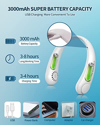 Neck Fan, Portable Neck Fan USB Rechargeable, Hands Free Bladeless Personal Fan with 360°Cooling Airflow, 3 Wind Speed for Home Office Travel Sports Outdoor Summer — view 2