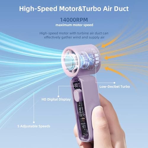 SahCognitual Handheld Fan,Portable Handheld Fan with Ice Cooler,Hand Fan USB Rechargeable,Mini Turbo Hand/Desk Fan,Ultra-Light Pocket Fan for Travel,Summer,Holiday Essentials for Women (Purple) — view 3