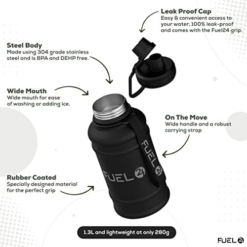 Fuel24 1.3L/2.2L Black Water Bottle Metal - STRONG, Drop & Leakproof BPA free 2L 1L Stainless Steel Water Bottle (1 Litre) - Large Gym Bottles for Men, Sports Water Bottle, Travel, Hiking Water Bottle — view 2