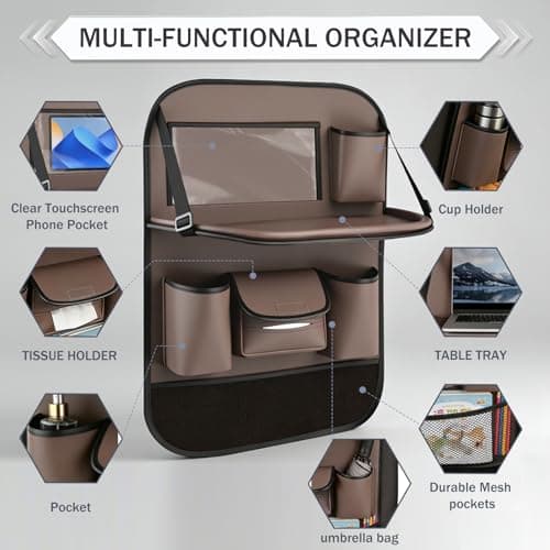 Les-Theresa Car Seat Organiser, Car Organiser Back Seat with Foldable Dining Table and Many Pockets Car Seat Back Protector, Car Backseat Tray for Toys Snacks Travel Essentials (Coffee Brown) — view 5