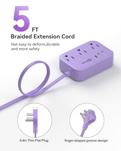 Cruise Essentials Purple Extension Cord 5ft, Cute Extension Cord with 3 AC 3 USB Outlets, Travel Flat Plug with USB Charging Station, Compact for Computer Accessories — view 2