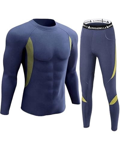 UNIQUEBELLA Thermal Underwear Men Set Long Sleeve Tops Long Johns Thermal Base Layer Bottom Fleece Lined Quick Drying for Workout Skiing Running Hiking, Blue 1, L
