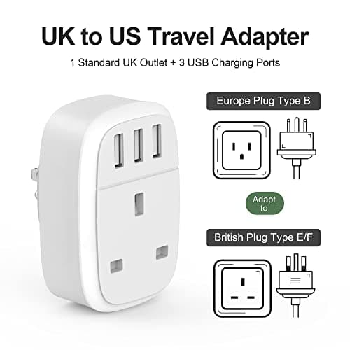 Jmfufnv UK to US Adaptor Plug, 2PK USA Travel Adapter with 3 USB Ports for American Canada Mexico Thailand Colombia Grounded Charger, 4 in 1 US Plug Adapter from UK for Phone Pad and more (Type B) — view 3