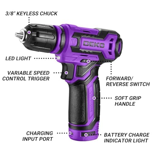DEKOPRO 12V Cordless Drill 1.65lbs Lightweight, Variable Speed Type-C Charging Battery Powered Electric Screwdriver, 3/8" Chuck Drill Kit for Women with Portable DIY Tool Set — view 2