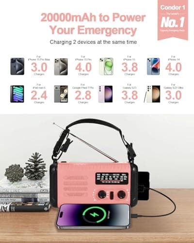 Wind Up Solar Radio, 20000mAh Emergency Hand Crank Weather Radio AM/FM — view 4
