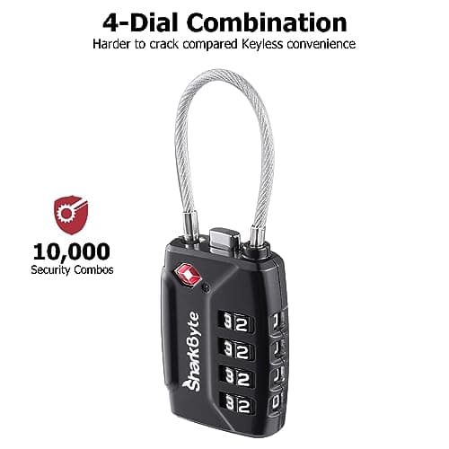 SharkByte TSA Approved Suitcase Locks - 4-Dial Security Travel Combination Padlock, Flexible Cable Wire Travel Lock for Suitcases, Luggage Locks, Travel Bag Gym Locker Small PadLock with code (2 Pack) — view 5