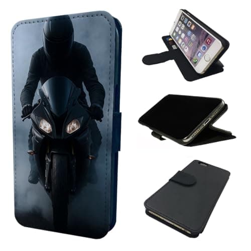 Motorbike Rider Wallet Phone Case Flip Cover Compatible with iPhone SE X XR 11 12 13 14 15 16 16E 17 Air Plus Mini Pro Max – Faux Leather Bold Motorcycle Print, Biker Gift for Men & Women Black — view 2