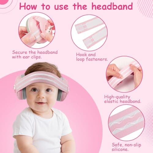 Adiwo 2-in-1 Baby Ear Defender, Non-Slip Baby Headphones, Noise Canceling Headphone & Headband for Babies, Ultra-Soft and Adjustable to 0-48 Months, Hearing Protection for Sleep Travel, Pink — view 5