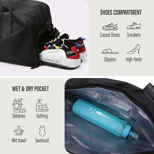 Viiotu Gym Bag with Shoe Compartment, Durable Gym Duffel Bag for Men Women, Large Travel Bag with Wet-Dry Separation, Overnight Weekend Bag for Sports Travel (Black) — view 3