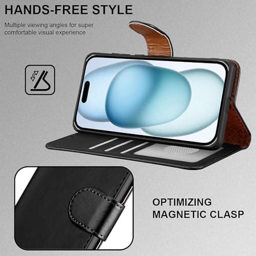 iCatchy for iPhone 15 Case 6.1 Inch, PU Leather Wallet Flip Case with Card Slots, RFID Blocking, Magnetic Closure, Stand, Full Body Protective Folio Cover (Black) — view 3
