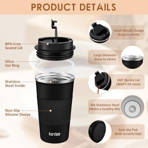 KETIEE Travel Mugs, 510ml Insulated Coffee Cup with Leakproof Lid,Reusable Coffee Cups Travel Cup,Coffee Travel Mug,Double Walled Coffee Mug,Stainless Steel thermaol Mug for Hot Cold Drinks,Black — view 2