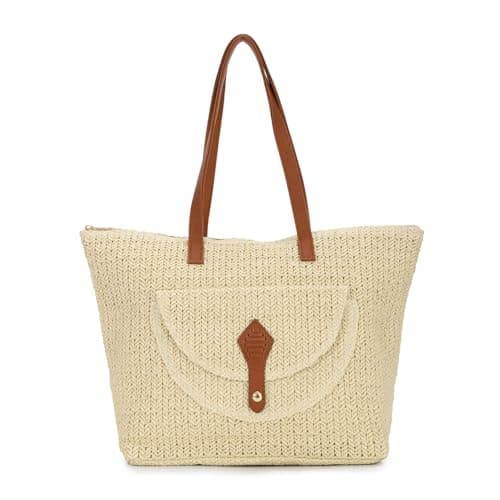EVEOUT Women Straw Woven Tote Bag Summer Beach Bag Casual Boho Faux Raffia Shoulder Bag with PU Leather Handles for Holiday Travel