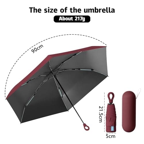 Detontek 6 Ribs Mini Travel Umbrella, Mini Folding Umbrella, Small Umbrella, Pocket Umbrella, Umbrella With Buckle Handle, Dual Purpose, With Storage Box (Burgundy) — view 2
