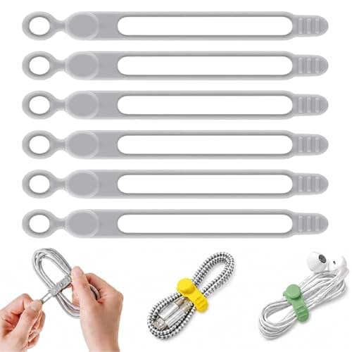 Silicone Cable Organiser Straps, 6pcs Reusable Elastic Cable Ties for USB Cables, Phone Chargers, Earphones & Wires, Multi-Colour Cord Management Wraps for Home Office Travel (White)
