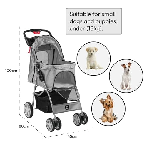 KCT Hooded Foldable Pet Dog Cat Stroller Grey- 4 Wheel Travel Carriage with Safety Leash,Canopy, Cup Holder, Storage Tray — view 3