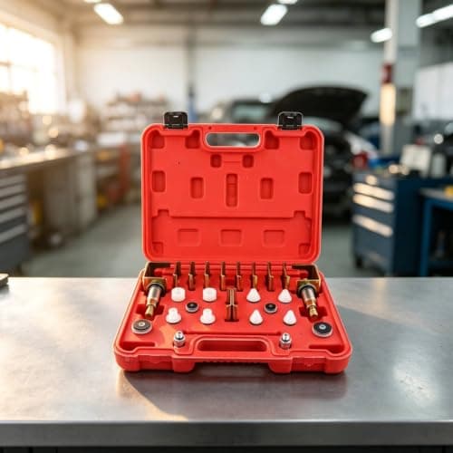 QSTDGVPW Automotive Leak Tester Kit With Cone And Plug Adapters Round Sealing Discs Metal Clamp Threads Burgundy Case suitable for car diagnostics — view 5