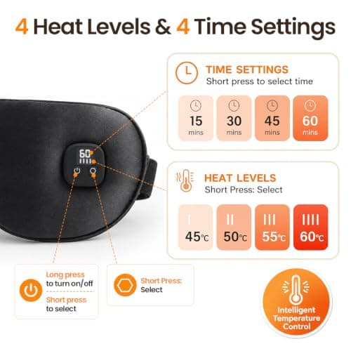 Cordless Silk Heated Eye Mask, Electric Warm Eye Compress with 4 Heat Levels 4 Time Settings, 1000mAh Rechargeable Heated Eye Pad with 2 Detachable & Washable Covers (Black, Navy Blue) — view 3