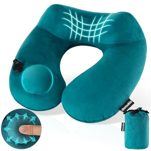 denoukin Inflatable Neck Pillow for Travel with Built-in Pump Lake Blue