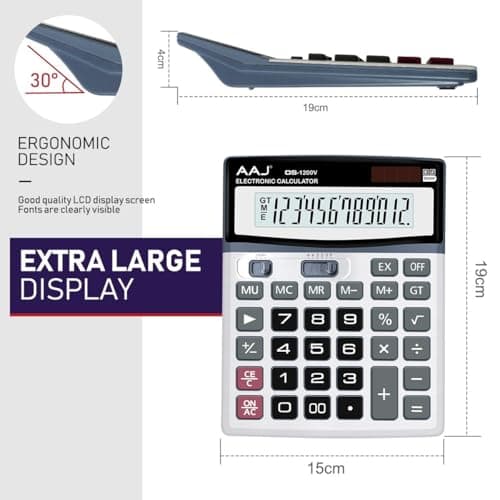 AAJ 12 Digit Desk Calculator Jumbo-Large Buttons-12 Digits-Large Eye Angled Display- Light and portable Calculator-For Home and Office use-Solar and Battery Powered (Battery Included) — view 5