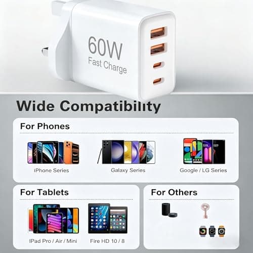 USB C Plug Fast Charger 60W 2pack, 4-Port USBC Fast Chargers UK Plug Dual Port PD Power Adapter QC Multi Mains Wall Charger Type C Charging Head for lPhone 17/16/15/14 13/12/11 Pro Max Plus XS XR SE — view 6