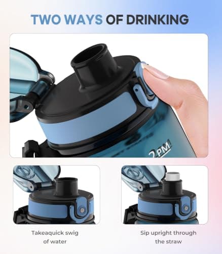 Gylinm 1L Water Bottle Made of BPA-Free Tritan Material, Sports Water Bottle with Removable Straw & Hydration Time Markerings, Ideal for Gym, Travel, Home, School and Outdoor Activities - Dusty-Blue — view 3