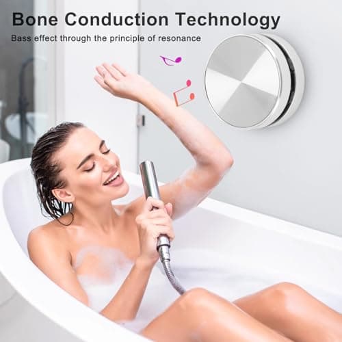 Plyisty Small Bluetooth Speaker, Bone Conduction Portable Shower Speaker with Suction Cup, FM Radio, Stereo Bass Sound for Bathroom Travel (Silver) — view 3