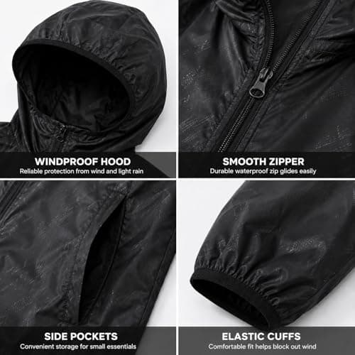 Kids Waterproof Jacket – Lightweight Packable Raincoat for Boys & Girls, UPF 50+ Sun Protection with Carry Pouch – Ideal for Hiking, Camping & School (UK, Age, 6 Years, 7 Years, Regular, Black) — view 3