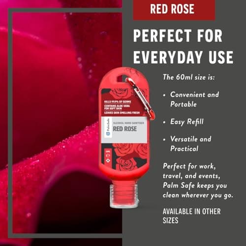 Palm Safe Red Rose 3 Pack 60ml Anti Bacterial Premium Hand Sanitiser Travel Size Refillable Clip Bottle Quick Drying Non Sticky Extra Moisturising Kills 99.9% of Viruses and Bacteria — view 6
