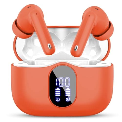 Wireless Earbuds, Bluetooth 5.4 Headphones In Ear with 4 ENC Mic, 2026 Wireless Earphones Noise Cancelling Deep Bass, LED Display, Bluetooth Earbuds 36H Playtime, IP7 Waterproof Ear buds, USB-C Orange