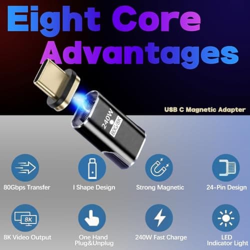 IVIVTOR USB C Magnetic Adapter - 240 W USB-C Magnetic Adapter 24 Pin - Type C Magnetic Connector 80 Gbps 8K Fast Charge & Data Transfer for Laptop Tablet Mobile Phone Smartphones - Graphite Black — view 2