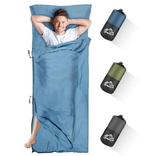 LSTRAGY Sleeping Bag Liner with Pillow Slot,Portable Lightweight Sleeping Bag Liners with Two Way Zippers,220x95cm Travel Sheet for Backpacking, Hostels, Huts Camping Essentials(Blue