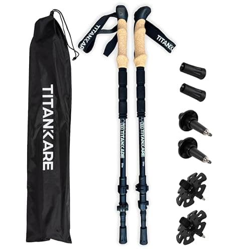 TITANKARE Trekking Walking Hiking Poles - Collapsible, Lightweight, Shock-Absorbent Nordic Hiking Trekking Poles with Cork Grips for Men, Women & Seniors, Flip Locks, All Terrain Tips & Bag - Elite