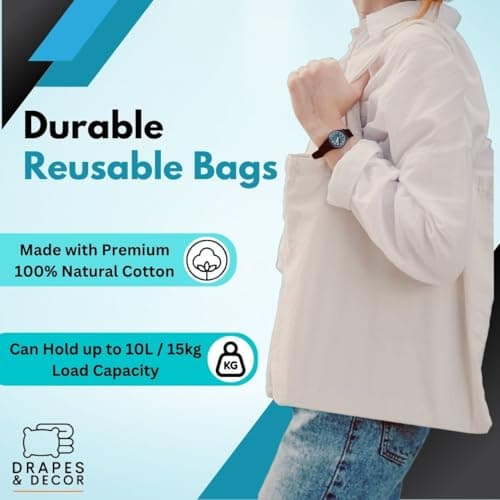 Cotton Canvas Plain Tote Bags to Decorate in Bulk Pack of 10, 100% Natural Cotton Premium 145gsm (5 Oz.) Fabric Blank Reusable Large Canvas bag -38 X 42 cm+65cm long Handles (Pack of 10-Natural) — view 6