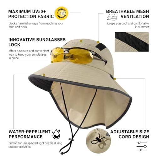 TOP-EX M/L/XL/XXL Unisex Mens Sun Hat for Women with Neck Flap Sunglass Lock UV Protection Wide Brim Outdoor Fishing Hats Waterproof & Packable Beige L/XL — view 2
