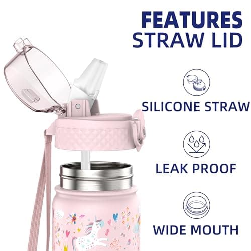 GOPPUS 420ml/14oz Kids Insulated Water Bottle with Straw Cute Double Wall Stainless Steel Child's Small Flask Vacuum Insulated Steel Metal Leak Proof Drink Flask Boys Toddler Girls Bottles BPA-Free — view 3