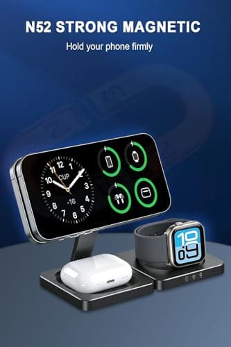 Wireless Charger Station for Apple Devices,Magnetic 3-in-1 Foldable,Travel,Charger Stand for iPhone 17 16 15 14 13 12 series,Airpods&Apple watch,with 20w Adapter. — view 6